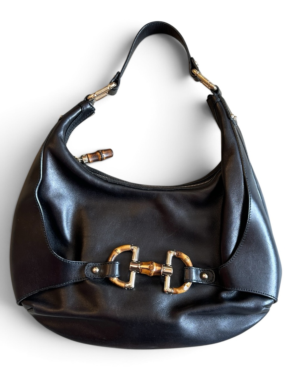Gucci Amalfi Black Leather Shoulder Bag with Bamboo and Gold Hardware